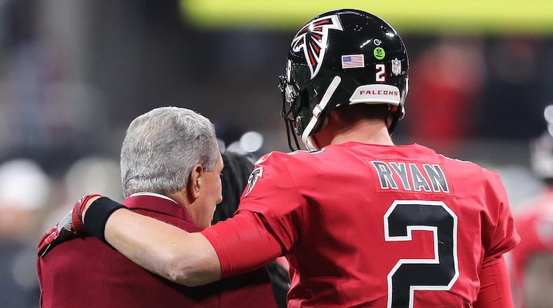 Falcons quarterback Matt Ryan gives owner Arthur Blank a hug before playing the Saints in a NFL football game on Thursday, December 7, 2017, in Atlanta.  Curtis Compton/ccompton@ajc.com