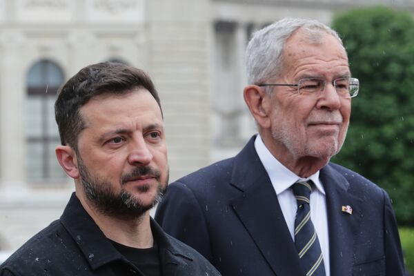 Ukraine's President Volodymyr Zelenskyy, left, and Austrian President Alexander van Der Bellen stand together in Vienna, Austria, Monday, June 16, 2025. (AP Photo/Heinz-Peter Bader)