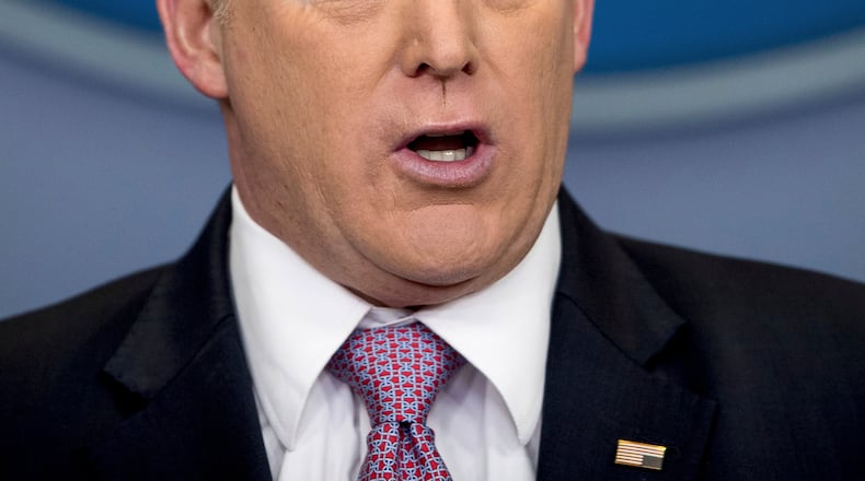 White House press secretary Sean Spicer talks to the media during the daily press briefing at the White House in Washington, Friday, March 10, 2017. (AP Photo/Andrew Harnik)