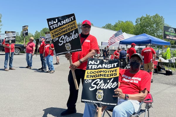/// Members of the New Jersey Transit locomotive engineers union striking picket outside a rail yard in Morrisville, Pa., on May 17, 2025. (AP photo/Mike Catalini)