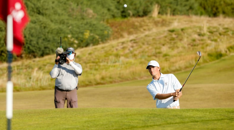 Tyler Strafaci plays his third shot at the 11th hole during the semifinal round at the 2020 U.S. Amateur Saturday, Aug. 15, 2020, at Bandon Dunes Golf Resort in Bandon, Ore.