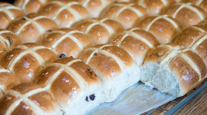 A pan full of hot cross buns at Australian Bakery Cafe in Marietta. CONTRIBUTED BY HENRI HOLLIS