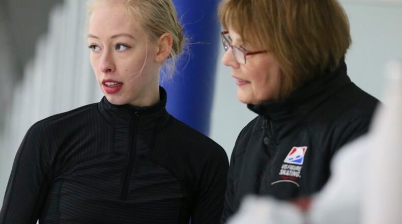 Olympic ice skater Bradie Tennell, left, speaks with her coach, Denise Myers, during practice at the Twin Rinks Ice Pavilion in Buffalo Grove, Ill., on January 29, 2018. Tennell will represent the United States in the 2018 Winter Olympic Games in Pyeongcheng, South Korea. (Stacey Wescott/Chicago Tribune/TNS)