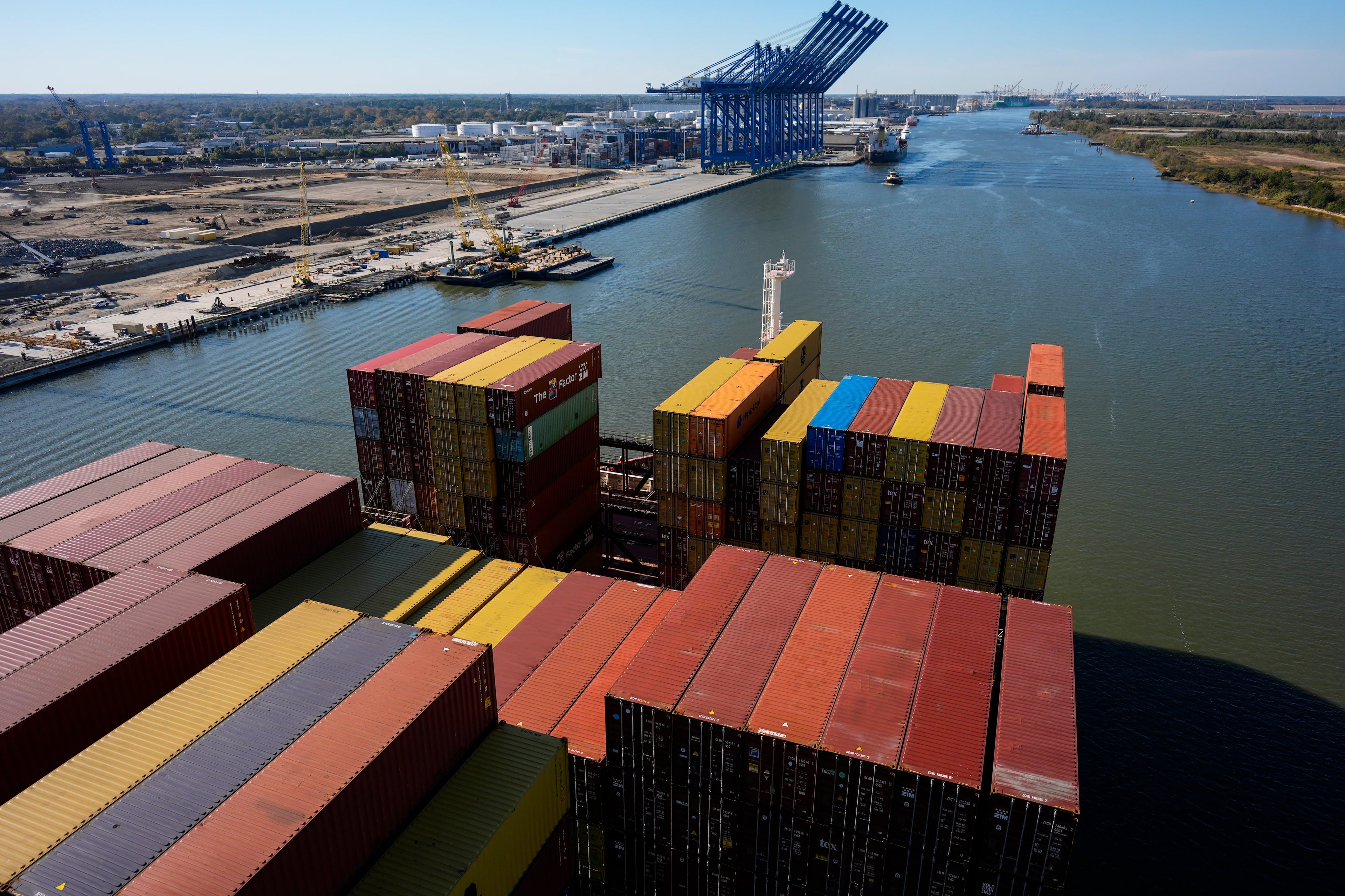 The cargo vessel Zim Mount Vinson navigates the Savannah River moving toward the Port of Savannah, Thursday, Nov. 13, 2025, in Garden City, near Savannah, Ga. (Mike Stewart/AP)