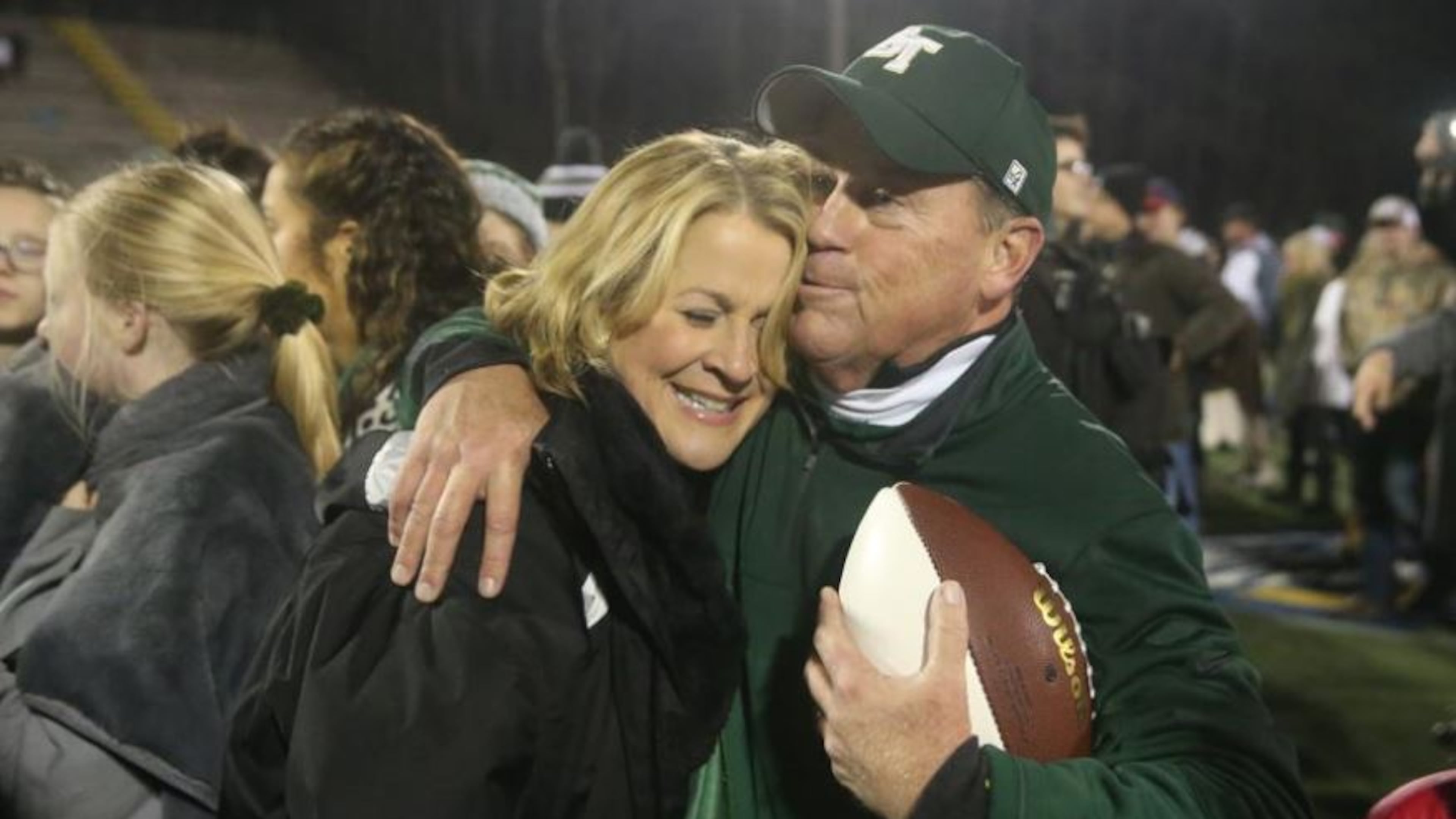 Blessed Trinity coach Tim McFarlin celebrates with his wife, Kay, after defeating Marist for the Class 4A championship on Friday, Dec. 15, 2017, in Atlanta. McFarlin's record was 112-20-1 with three state titles (2017-19) and six region championships. (Jason Getz/AJC 2017)