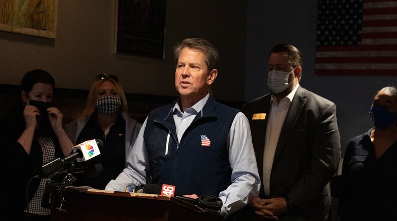 Georgia Gov. Brian Kemp speaks at a news conference at AJ’s Famous Seafood and Poboys on April 10, 2021, in Marietta, Georgia. (Megan Varner/Getty Images/TNS)