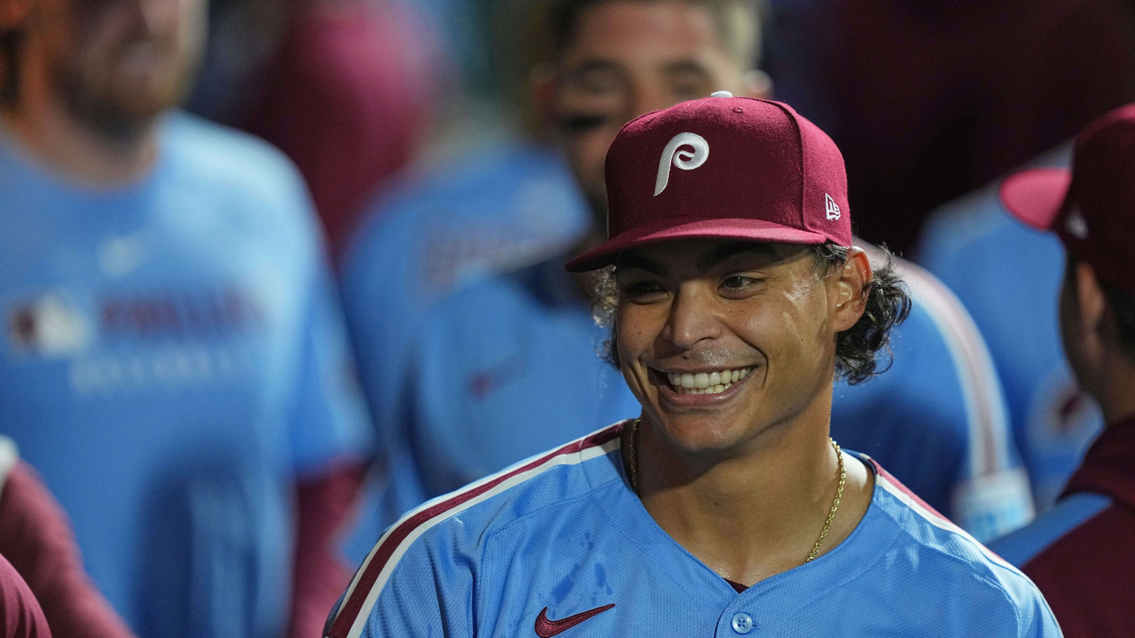 Philadelphia Phillies pitcher Jesús Luzardo celebrates after completing the eighth inning of a baseball game against the New York Mets, Thursday, Sept. 11, 2025, in Philadelphia. (AP Photo/Matt Rourke)