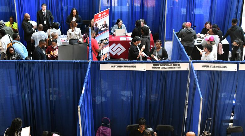 Job seekers meet with recruiters during 2023 ATL Airport Career Fair at the domestic terminal atrium of Hartsfield-Jackson Atlanta International Airport, Wednesday, March 8, 2023, in Atlanta, Ga. (Hyosub Shin / Hyosub.Shin@ajc.com)