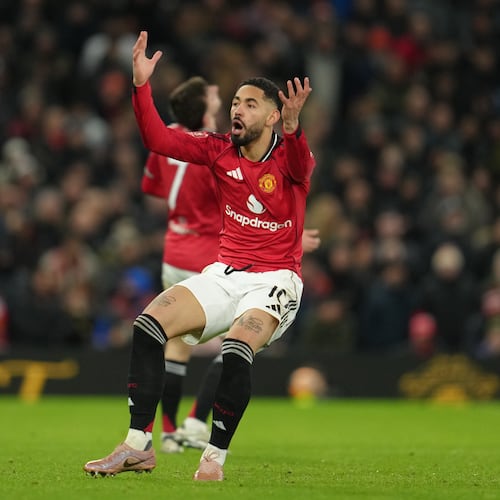 Manchester United's Matheus Cunha reacts during the FA Cup third round soccer match between Manchester United and Brighton in Manchester, England, Sunday, Jan. 11, 2026. (AP Photo/Jon Super)