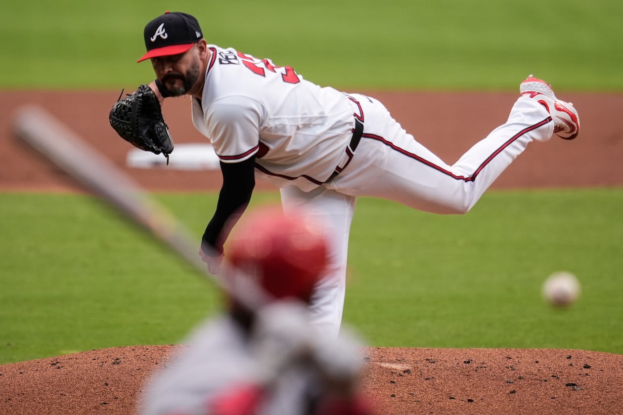 Atlanta Braves pitcher Martín Pérez (33) works against St. Louis Cardinals' Jordan Walker in the first inning of a baseball game, Tuesday, June 30, 2026, in Atlanta. (AP Photo/Mike Stewart)