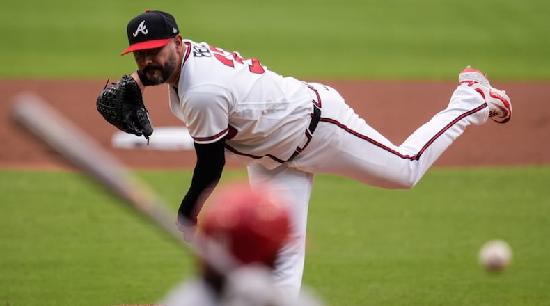 Atlanta Braves pitcher Martín Pérez throws to St. Louis Cardinals' Jordan Walker in the first inning of their game Tuesday, June 30, 2026. (Mike Stewart/AP)