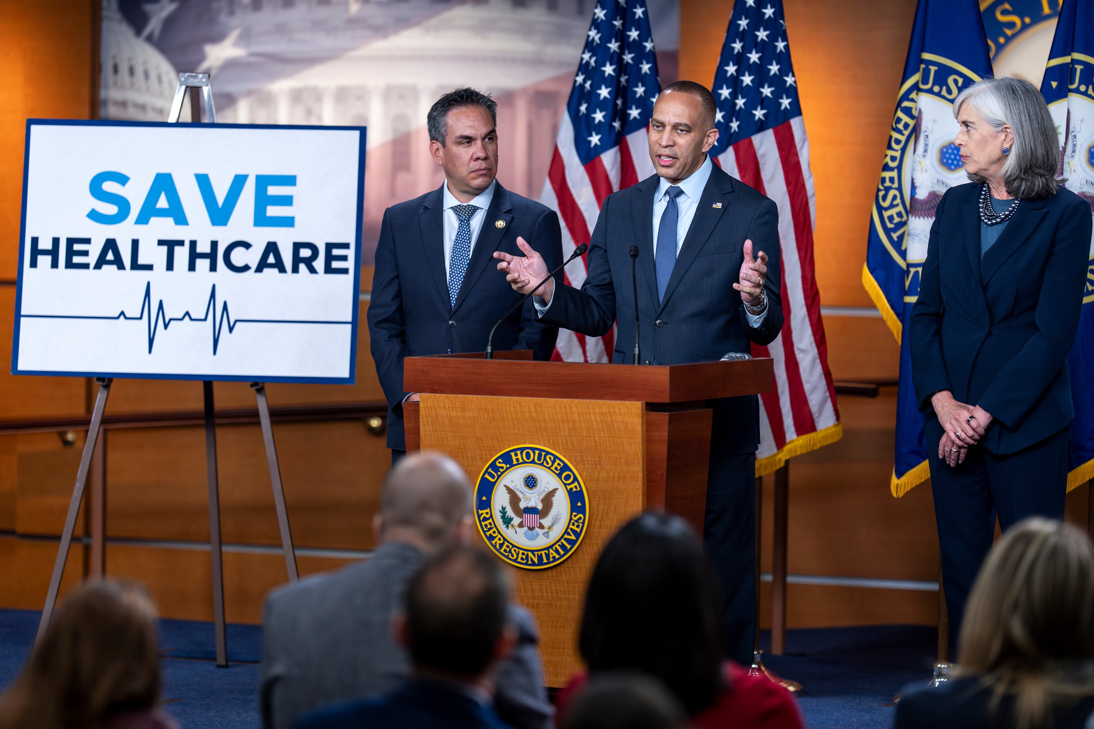House Minority Leader Hakeem Jeffries, D-N.Y., spoke about health care and the impact of the government shutdown at a recent news conference in Washington. (J. Scott Applewhite/AP)