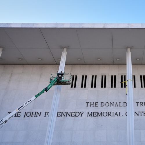 FILE New signage, The Donald J. Trump and The John F. Kennedy Memorial Center For The Performing Arts, is unveiled on the Kennedy Center, Dec. 19, 2025, in Washington. (AP Photo/Jacquelyn Martin, file)