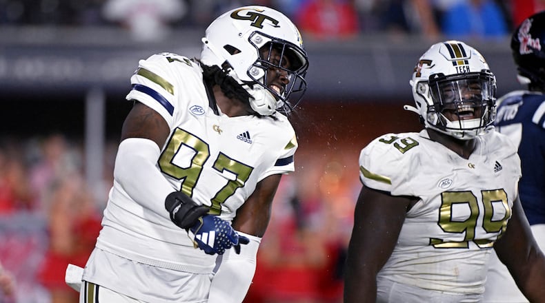 Georgia Tech defensive lineman Eddie Kelly (97) reacts after a tackle against Mississippi during the second half an NCAA college football game in Oxford, Miss., Saturday, Sept. 16, 2023. (AP Photo/Thomas Graning)