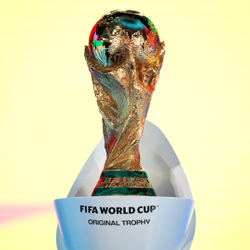 The FIFA World Cup Trophy is displayed during the FIFA World Cup 2026 playoff draw in Zurich, Switzerland, Thursday, Nov. 20, 2025. (Claudio Thoma/Keystone via AP)