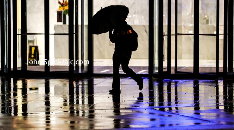 Showers continue on Peachtree Street, but the worst of Tuesday morning's storms have passed to the south before sunrise, according to Channel 2 Action News.