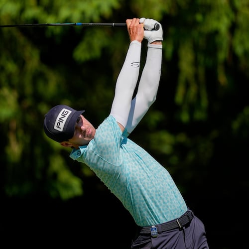 Alex Smalley hits from the fourth tee during the third round of the PGA Championship golf tournament at Aronimink Golf Club, Saturday, May 16, 2026, in Newtown Square, PA. (AP Photo/Carolyn Kaster)