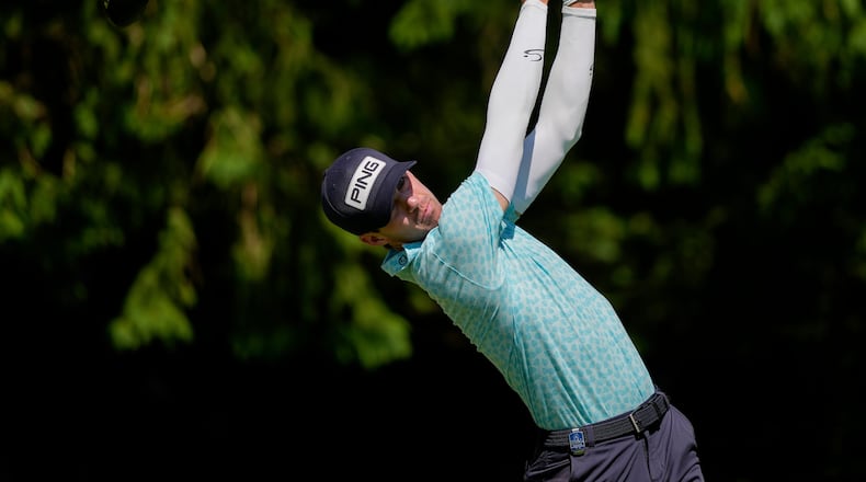 Alex Smalley hits from the fourth tee during the third round of the PGA Championship golf tournament at Aronimink Golf Club, Saturday, May 16, 2026, in Newtown Square, PA. (AP Photo/Carolyn Kaster)