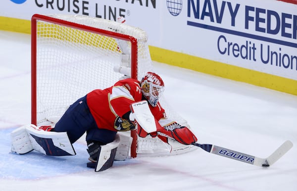 Florida Panthers goaltender Sergei Bobrovsky (72) makes a save against the Tampa Bay Lightning during the first period in Game 3 of an NHL hockey Stanley Cup first-round playoff series, Saturday, April 26, 2025, in Sunrise, Fla. (AP Photo/Rhona Wise)