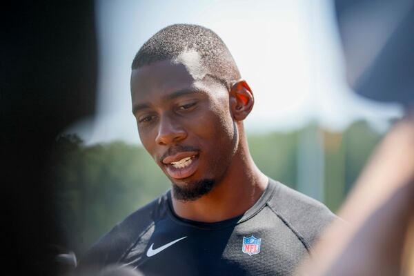 Atlanta Falcons tight end Kyle Pitts answers questions to the media after the first practice of training camp was over on Thursday, July 24, 2025, in Flowery Branch. (Miguel Martinez/AJC)