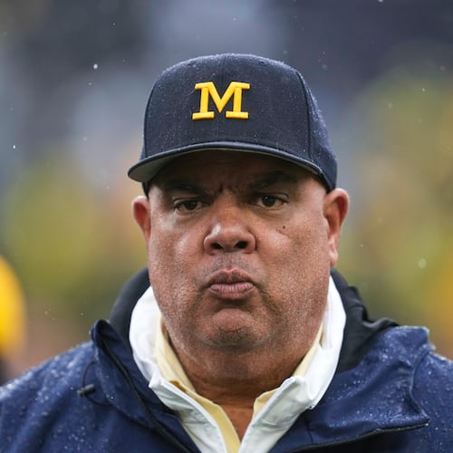 FILE - Michigan athletic director Warde Manuel watches against Indiana in the second half of an NCAA college football game in Ann Arbor, Mich., Oct. 14, 2023. (AP Photo/Paul Sancya, File)