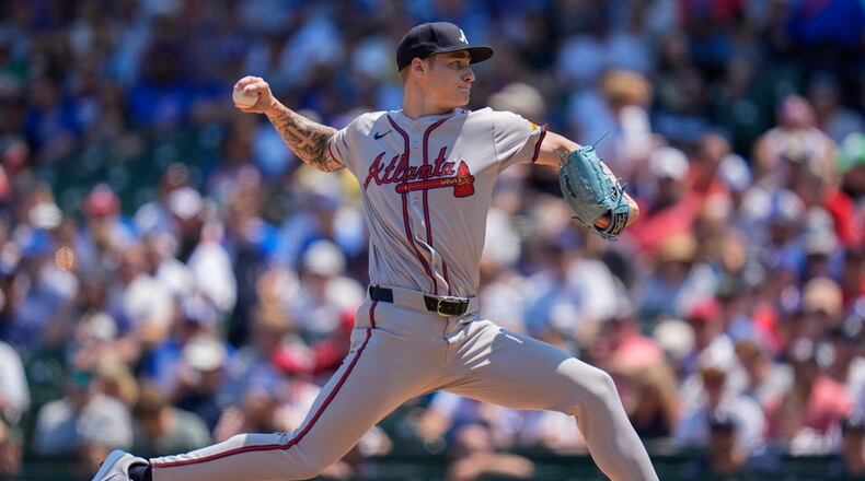 Atlanta Braves starting pitcher AJ Smith-Shawver throws during the first inning of a baseball game against the Chicago Cubs, Thursday, May 23, 2024, in Chicago. (AP Photo/Erin Hooley)