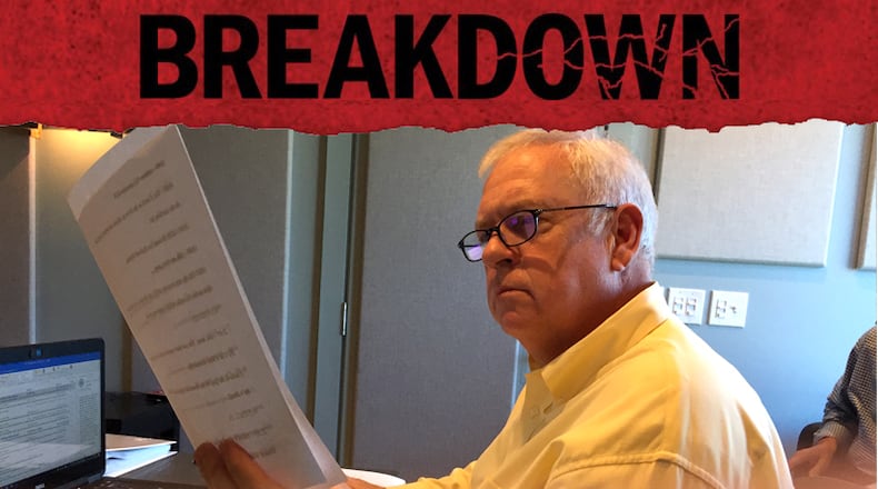 AJC Editor Kevin Riley reviews the script for Episode 2 just before he and Bill Rankin entered the booth to record their narration.
