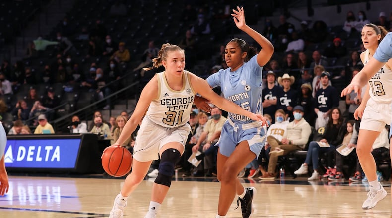 Georgia Tech guard Lotta-Maj Lahtinen led the No. 18 Yellow Jackets to a 55-38 win over No. 20 North Carolina Jan. 23, 2022 at McCamish Pavilion. (Georgia Tech Athletics)