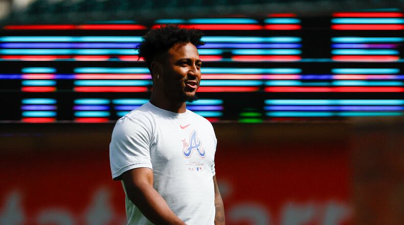 Atlanta Braves second baseman Ozzie Albies was seen doing physical work moments before the game between the Atlanta Braves and Texas Rangers at Truist Park on Sunday, April 21, 2024.  Albies was put on the injury list after he fractured a big toe in his right foot.(Miguel Martinez/ AJC)
(Miguel Martinez/ AJC)