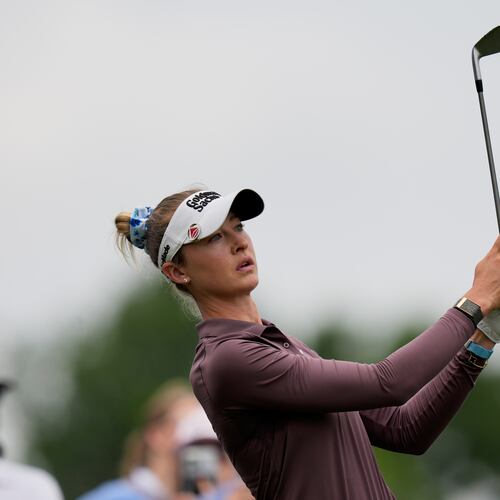 Nelly Korda watches her tee shot on the ninth hole during the second round of the Chevron Championship LPGA golf tournament Friday, April 24, 2026, in Houston. (AP Photo/David J. Phillip)