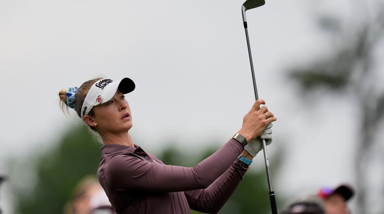 Nelly Korda watches her tee shot on the ninth hole during the second round of the Chevron Championship LPGA golf tournament Friday, April 24, 2026, in Houston. (AP Photo/David J. Phillip)