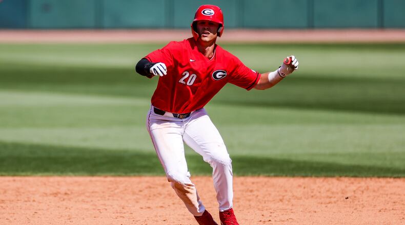 Georgia outfielder and first baseman Chaney Rogers (20) during a game against Kentucky at Foley Field in Athens, Ga., on Sunday, April 18, 2021. (Photo by Tony Walsh)
