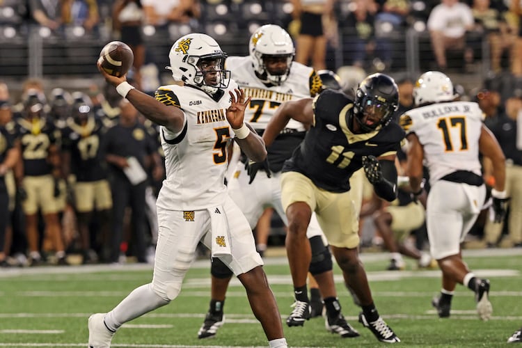 Kennesaw State quarterback Dexter Williams II, here against Wake Forest earlier this season, threw for four touchdowns to lead the Owls to a 35-7 victory over Louisiana Tech on Thursday, October 9, 2025. (AP)