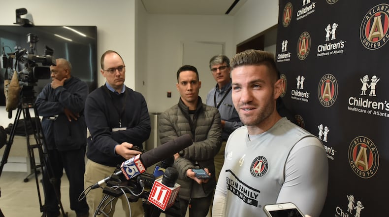 Atlanta United defender Greg Garza (4) speaks to members of the press at Children’s Healthcare of Atlanta Training Ground in Marietta on Tuesday, December 4, 2018. HYOSUB SHIN / HSHIN@AJC.COM