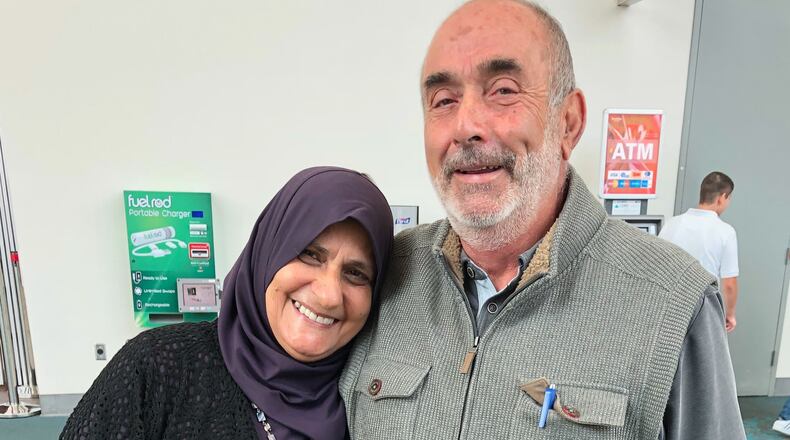This undated photo provided by Yasser Kaziha shows his father, Mansour Kaziha, right, who died in the Monday, May 18, 2026 shooting at a San Diego mosque, and his mother, Sabah Kaziha. (Yasser Kaziha via AP)