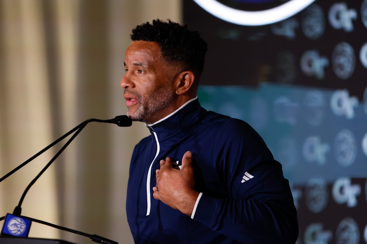 Georgia Tech coach Damon Stoudamire — pictured speaking during the ACC Tipoff in 2024 — says he feels the Yellow Jackets are on the right trajectory heading into his third season and "have the pieces" to make the NCAA Tournament in March. (Nell Redmond/ACC 2024)