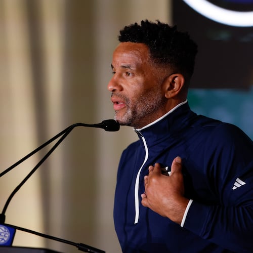Georgia Tech coach Damon Stoudamire — pictured speaking during the ACC Tipoff in 2024 — says he feels the Yellow Jackets are on the right trajectory heading into his third season and "have the pieces" to make the NCAA Tournament in March. (Nell Redmond/ACC 2024)