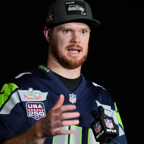 Seattle Seahawks quarterback Sam Darnold (14) speaks during a news conference on Thursday, Feb. 5, 2026, in San Jose, Calif., ahead of Super Bowl 60 between the New England Patriots and the Seattle Seahawks. (AP Photo/Brynn Anderson)