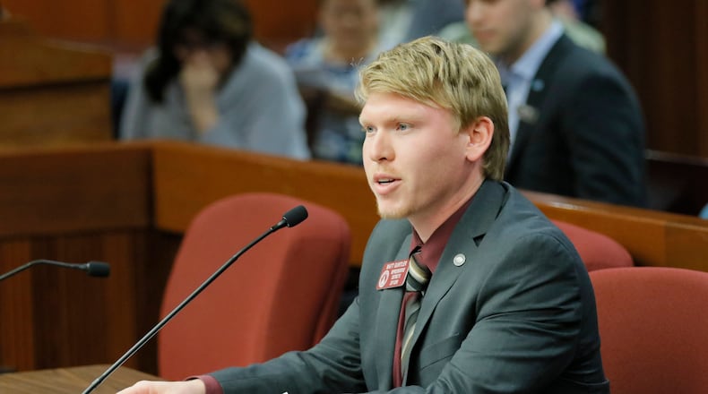 Feb. 15 2017 - Atlanta - Rep. Matt Gurtler, R - Tiger, presents HB 156 to a subcommittee of the Public Safety & Homeland Security Committee. The bill would revise provisions of law regarding the use or possession of any handgun in a park, historic site, or recreational area. BOB ANDRES /BANDRES@AJC.COM