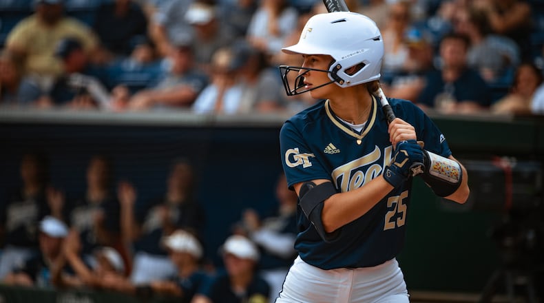 Georgia Tech catcher Emma Kauf at the bat in the Yellow Jackets' NCAA regional game against Wisconsin in Gainesville, Fla., May 22, 2022. Tech lost the game 7-6 to be eliminated from the regional in the team's first NCAA Tournament appearance since 2012. (Georgia Tech Athletics)