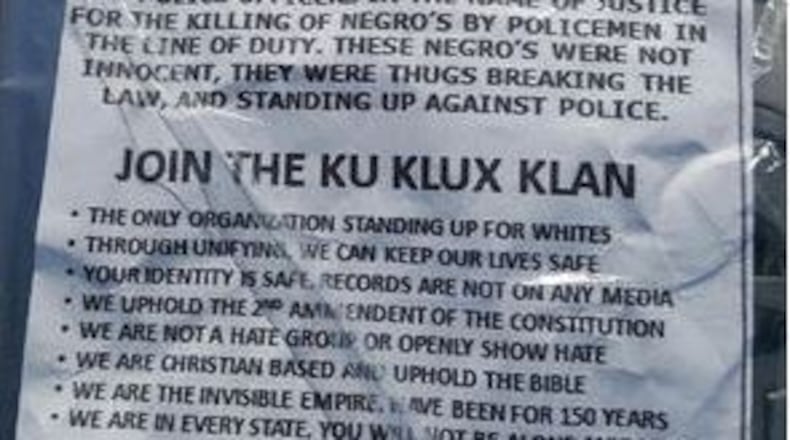 This Ku Klux Klan recruitment flier was distributed in neighborhoods in Floyd County. (Credit: Rome News-Tribune)