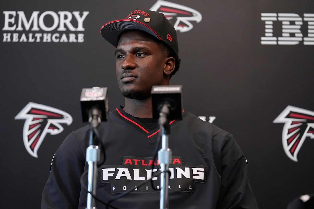 FILE - Atlanta Falcons first-round draft pick James Pearce Jr., speaks during a news conference, Friday, April 25, 2025, in Flowery Branch, Ga. (AP Photo/Brynn Anderson, File)