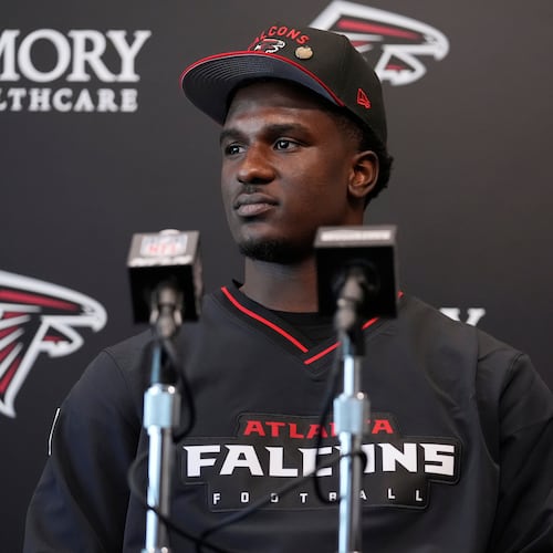 FILE - Atlanta Falcons first-round draft pick James Pearce Jr., speaks during a news conference, Friday, April 25, 2025, in Flowery Branch, Ga. (AP Photo/Brynn Anderson, File)