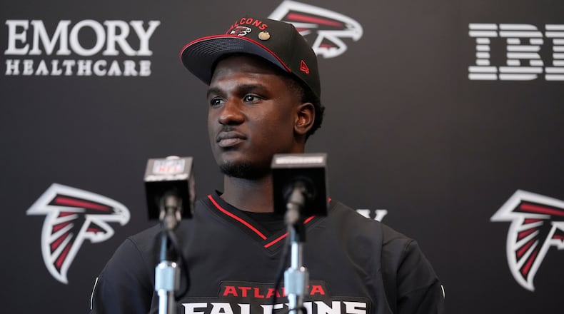 FILE - Atlanta Falcons first-round draft pick James Pearce Jr., speaks during a news conference, Friday, April 25, 2025, in Flowery Branch, Ga. (AP Photo/Brynn Anderson, File)