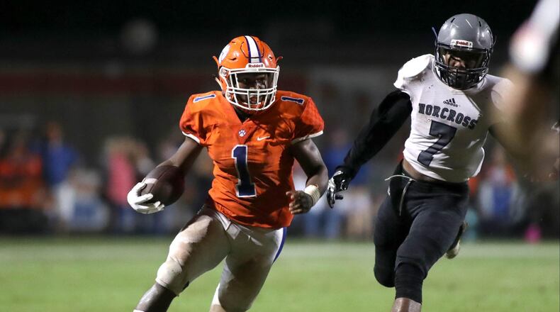 September 28, 2018- Lilburn, Ga: Parkview wide receiver Malik Washington (1) returns a punt in the second half against Norcross Friday September 28, 2018, in Lilburn, Ga. Parkview won 28-0. PHOTO / JASON GETZ