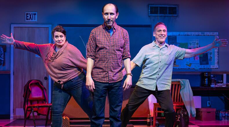 Andrew Benator (center) portrays a recovering alcoholic in the Theatrical Outfit/Dad’s Garage co-production of “The White Chip,” co-starring Gina Rickicki and Tom Key.
Courtesy of Theatrical Outfit/Casey G. Ford Photography