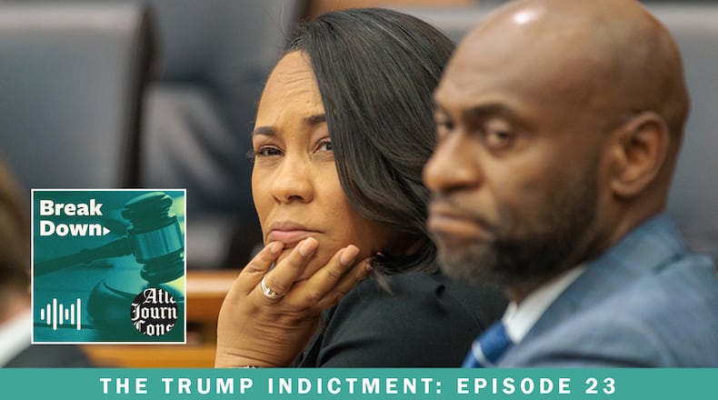 The latest episode of the AJC's "Breakdown" looks at the fallout of allegations that Fulton County District Attorney Fani Willis has had an improper relationship with special prosecutor Nathan Wade. Willis and Wade are shown here at a hearing in July. (Arvin Temkar / arvin.temkar@ajc.com)