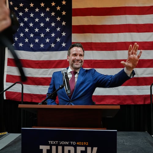 Iowa state Rep. Josh Turek speaks during a primary election night watch party after winning the Democratic nomination for U.S. Senate, Tuesday, June 2, 2026, in Des Moines, Iowa. (AP Photo/Bryon Houlgrave)