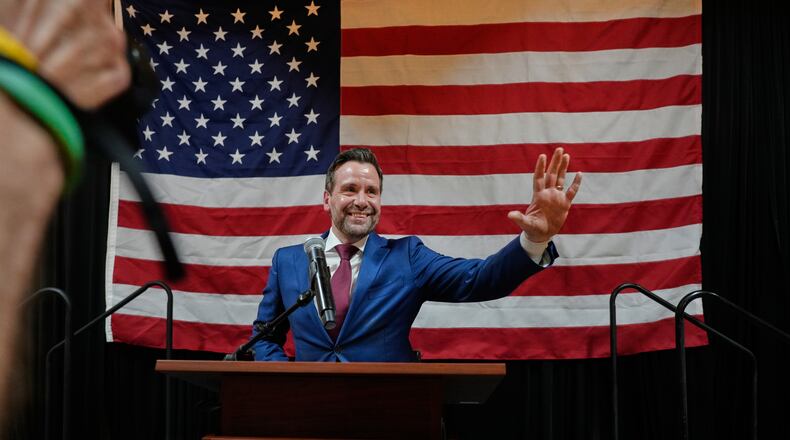 Iowa state Rep. Josh Turek speaks during a primary election night watch party after winning the Democratic nomination for U.S. Senate, Tuesday, June 2, 2026, in Des Moines, Iowa. (AP Photo/Bryon Houlgrave)