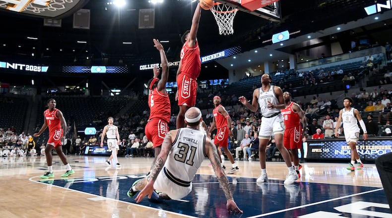 Jacksonville State center Mason Nicholson (50) blocks a shot by Georgia Tech forward Duncan Powell (31) during the first half of an NCAA college basketball game in the first round of the NIT, at Georgia Tech’s McCamish Pavilion, Tuesday, March 18, 2025, in Atlanta. (Hyosub Shin / AJC)
